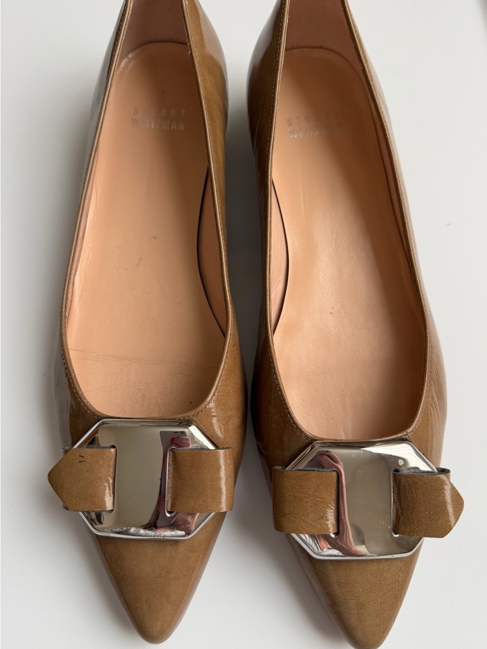 Stuart Weitzman Patent Leather Pointed-Toe Flats with Silver Buckle-7.5